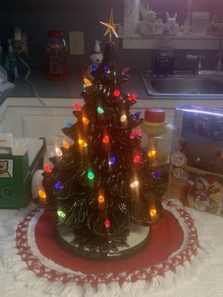 Vintage Ceramic Christmas Tree 16 " Inch Lighted Rare White Holly Base