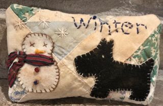 Primitive Winter Scottie Dog Shelf Pillow - Made From Vintage Quilt