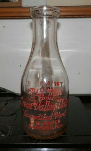 Green Valley Dairy C.  W.  Baker Rare Seminole County Sanford Fla Qt Milk Bottle