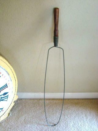 Large Antique Sturdy Wire Rug Beater Tool,  Coiled End,  Wood Handle
