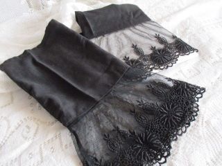 Antique Vintage French Chantilly Lace Cuffs Hand Embroidered 6” Deep Lace Black