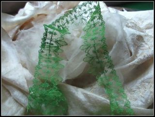 Rare Most Delicate Airy Antique French Finely Detailed Silk Lace Trim Grass Grn