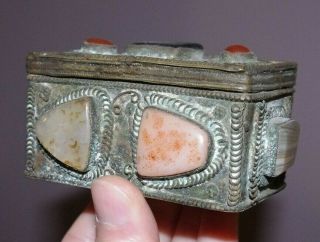 19th C Antique Chinese / Eastern Silver Metal Box & Lid With Agate & Cabochons