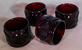Avon Cape Cod Ruby Red Set Of 4 Napkin Rings Glass Rare Dinnerware