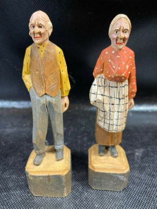 Andre Bourgault Man And Woman Wood Carved 5 " Sculptures Vintage Pair Set