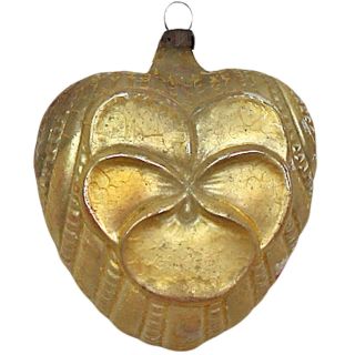 Antique Vintage Yellow Gold Pansy Heart Flower Figural Glass Christmas Ornament