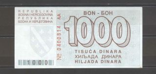 Bosnia 1000 Dinara 1992 P 26a Aunc - Siege Of Sarajevo - Rare