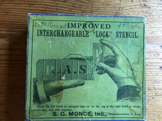 Antique S.  C.  Monce Improved Interchangeable " Lock " Stencil Set 135 Piece Brass