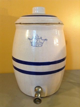 Vintage Old Water Jug Dispenser Spout Lid Blue Stripes W Crown Logo 2 Gallon