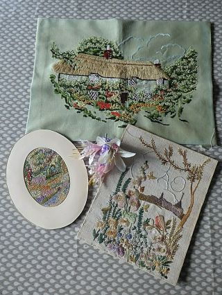 Vintage Hand Embroidered Picture Panels X 3 - Flowers & Country Scenes
