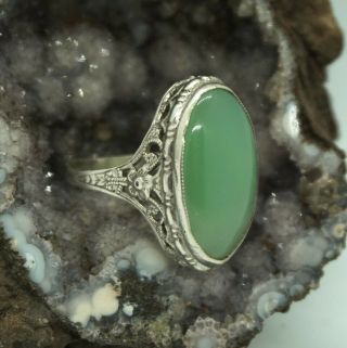 Rare Vintage Sterling Silver Large Green Jade Titanic Ostby Barton Filigree Ring