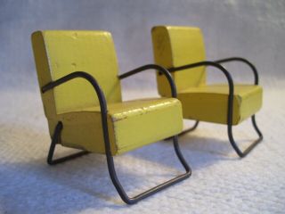 2 Vintage Mid - Century Modern Doll Dollhouse Chairs Yellow Wood Wire Arms/legs