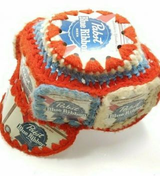 Rare 70s Pabst Blue Ribbon Beer Can Baseball Style Hat Crochet Retro