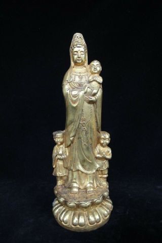 Old Chinese Gilt Bronze " Guanyin " Holding Baby Buddha Statue & " Qianlong " Mark