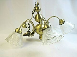 Vintage Antique Brass 5 Arm Chandelier Ceiling Light Fixture Frosted Rib Shades
