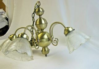 Vintage Antique Brass 5 Arm Chandelier Ceiling Light Fixture Frosted Rib Shades 2