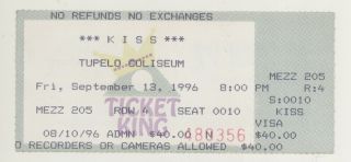 Rare Kiss 9/13/96 Tupelo Ms Ticket Stub