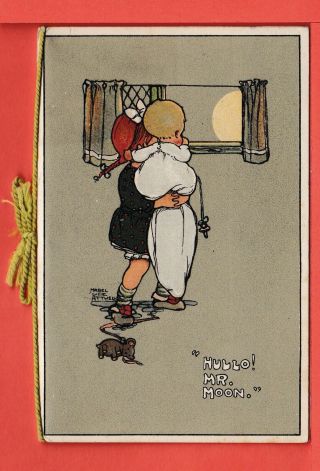 Mabel Lucie Attwell Hello Mr.  Moon Rare Christmas Card C1930 Pub Raphael Tuck