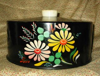 Vintage Ransburg Black Tin Round Cake Cover Saver W Tole Daisy Flowers