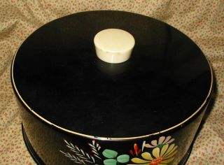 Vintage Ransburg Black Tin Round Cake Cover Saver w Tole Daisy Flowers 2