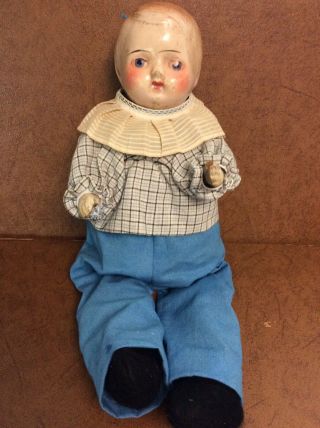 Antique Composition/cloth Boy Doll Cute Vintage Outfit 15”