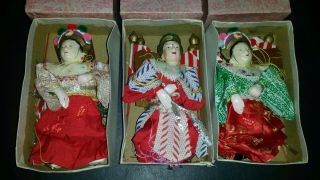 3 Vintage Chinese String Puppets Marionettes Composition Doll 7.  5 " W/boxes China