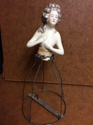Vintage Bisque Marie Pompadour Nude Lady Half Doll Pin Cushion 4 3/4” Art Deco