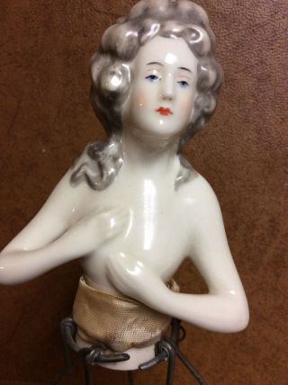 Vintage Bisque Marie Pompadour Nude Lady Half Doll Pin Cushion 4 3/4” Art Deco 2