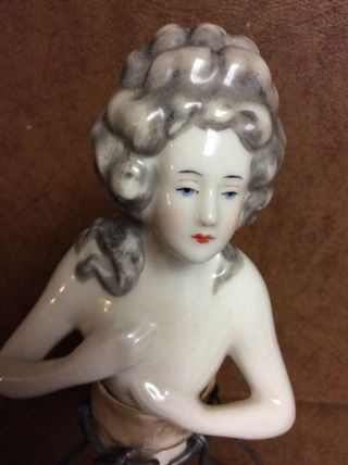 Vintage Bisque Marie Pompadour Nude Lady Half Doll Pin Cushion 4 3/4” Art Deco 3