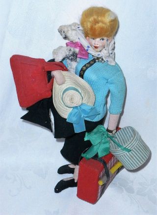 Vintage Klumpe Roldan Cloth Lady Doll With Dog And Luggage