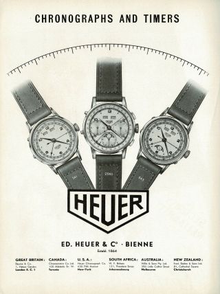 1940s Vintage Rare Tag Heuer Chronograph Watch Art Print Ad