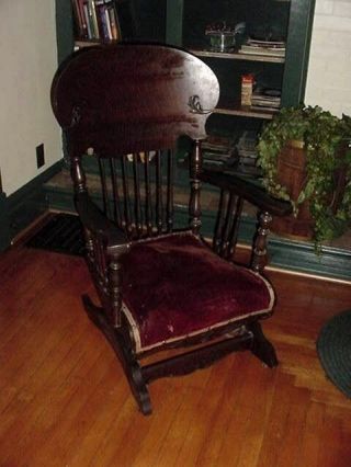 Rare Victorian Antique Oak A.  H Schram Rocking Chair Convolute Coil Spring Rocker
