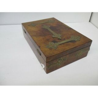 Antique Victorian Wood And Brass Jewellery Box With A Hinged Lid.