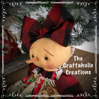 Primitive Christmas Raggedy Doll Snowman Girl Snow Red Truck Buffalo Plaid