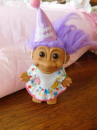 Happy Birthday Troll Doll By Russ Purple Hair 4 " Star Print Party Dress
