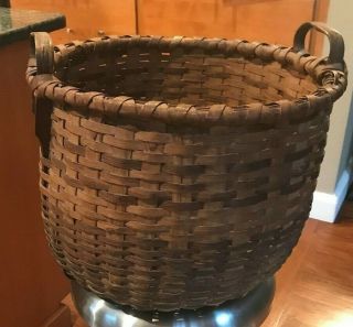 Large Antique Rare Gathering 19th C Shaker Handle Basket 17 " Wide