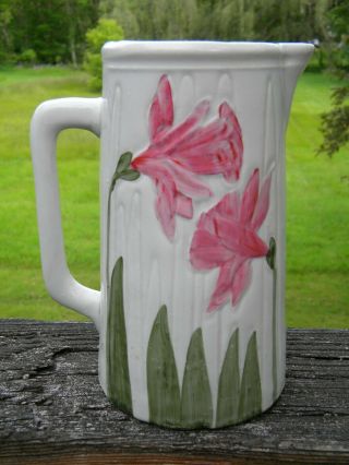 Antique Ironstone Avon Wheeling Potteries Pitcher With Pink Daffodils?