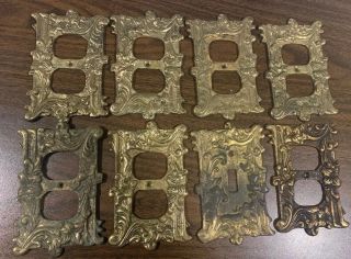 Vintage Set Of (7) Solid Brass Outlet Covers & (1) Light Switch 3” X 5” Ornate