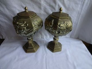 Antique Heavy Chinese Engraved Octagonal Brass Pots & Lids Dragon Design