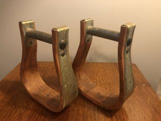 Vintage Pair Wood Stirrups Metal Wrapped Horse Western Cool Rare