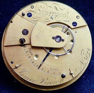 Rare English 8 Day Fusee Pocket Watch Movement James Brown Liverpool Circa 1840