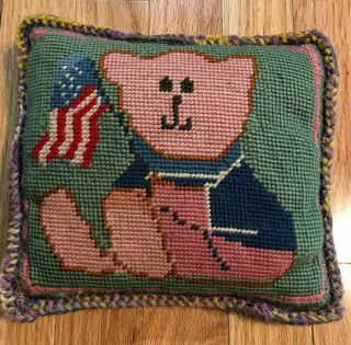 Vintage Antique Needlepoint Accent Pillow Teddy Bear With Flag