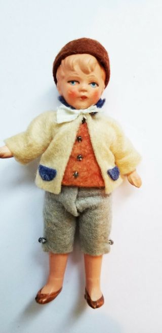 Antique Composition Or Bisque Jointed Dollhouse Boy Doll In 3 Pc Felt Suit