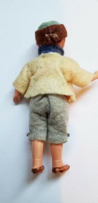 ANTIQUE COMPOSITION OR BISQUE JOINTED DOLLHOUSE BOY DOLL IN 3 PC FELT SUIT 3