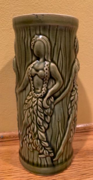 Rare Vintage Orchids Of Hawaii Green Tiki Mug / Vase / Hula Girl Dancer Japan