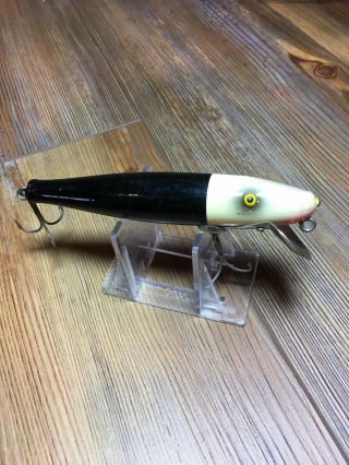 Vintage Fishing Lure Paw Paw Pikie Tough Black White Wood Tack Eye Old Bait 2