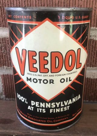 Vtg 1950s Veedol 100 Pennsylvania Motor Oil 1 Quart Oil Can Rare Tidewater Oil
