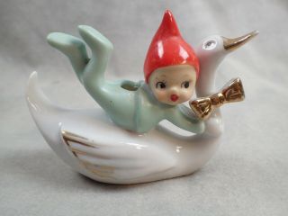 Vintage Rare Pixie Elf Riding A Swan Figurine Gold Trim Japan Candle Holder