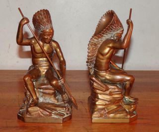 Antique " Indian Chief Sitting W/spear " Bronze Bookends Marked " J.  P.  2245 "