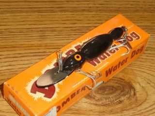 Vintage Fishing Lure Wooden Bomber Bait Co.  Waterdog 1602 Black W/box And Paper
